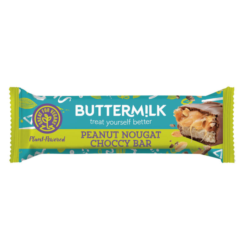 Buttermilk chewy peanut nougat with a caramel layer enrobed in plant based chocolate