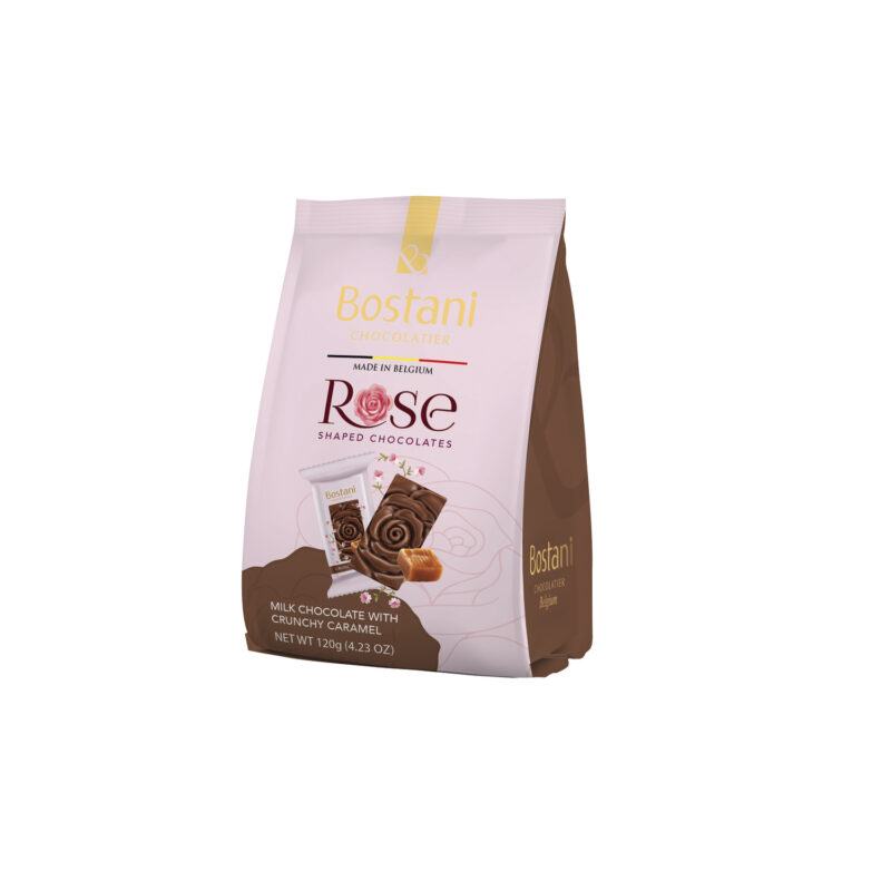 Gift bag of individually wrapped rose shaped milk chocolates with crunchy caramel