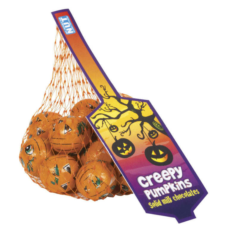 Net of solid milk chocolate balls in creepy pumpkin design foil