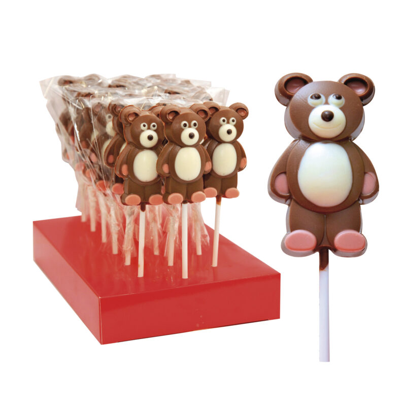 Hand decorated chocolate teddy bear lollipops in display