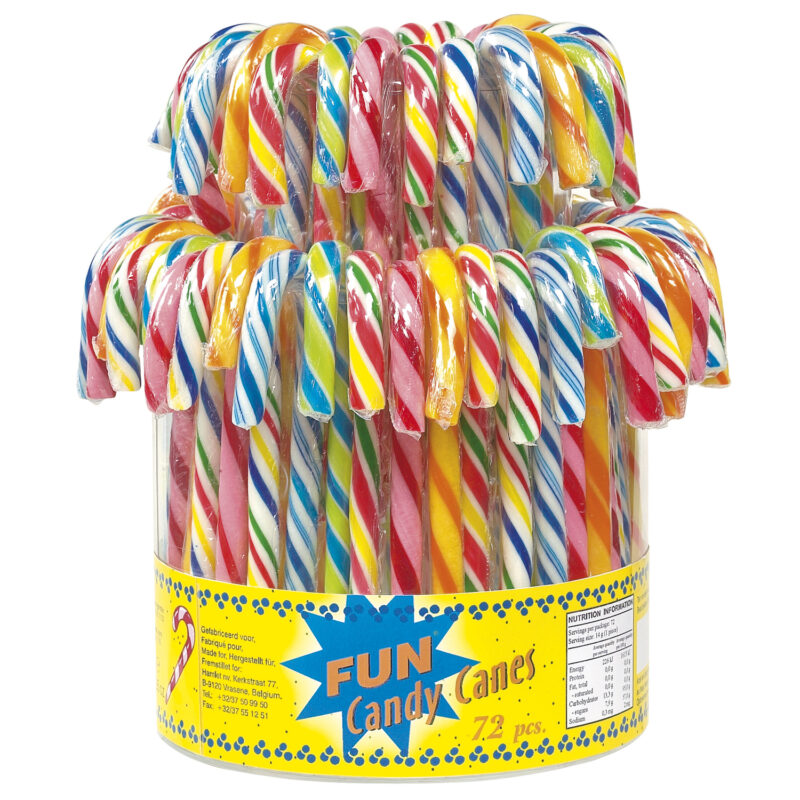 Multi-coloured fruit flavoured candy canes in display bucket (12.8cm) 13g