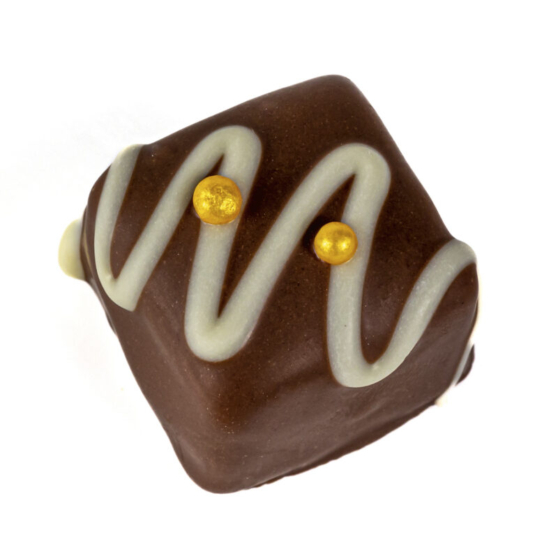 Vine Fruits - rum & raisin fudge in milk chocolate with white stripe and gold balls 19g
