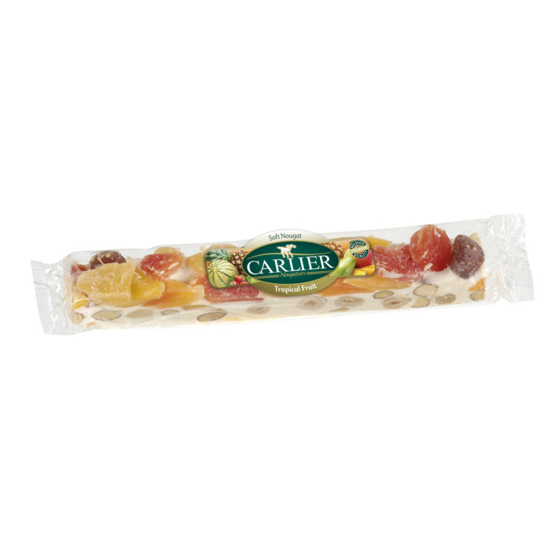Soft almond and fruit wrapped nougat bar in display box