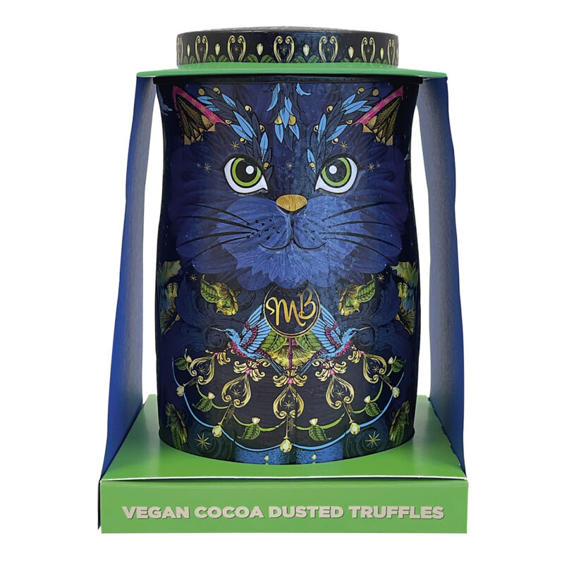 Midnight Prince cat tin of Cocoa Nibs Nights cocoa dusted truffles