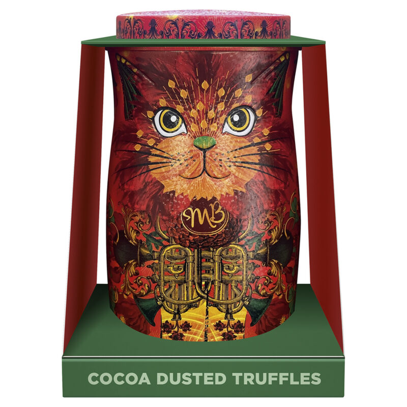 Fire Dancer orange cat tin of Angelical orange flavour cocoa dusted truffles