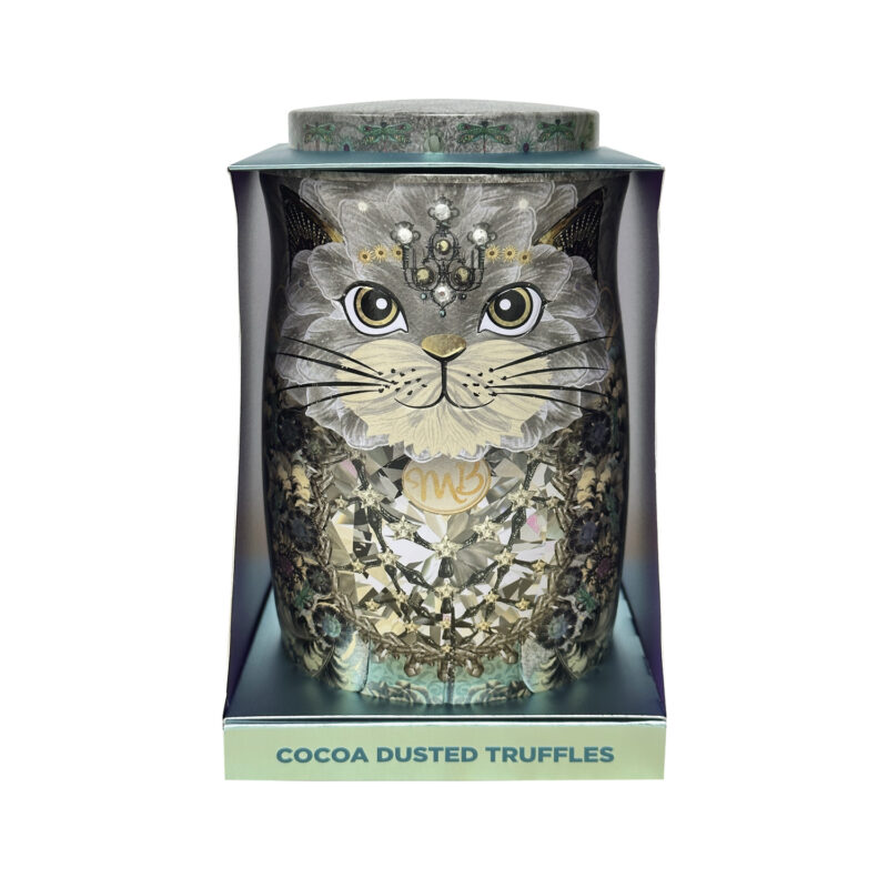 Diamond snow cat tin of assorted flavoured cocoa dusted truffles