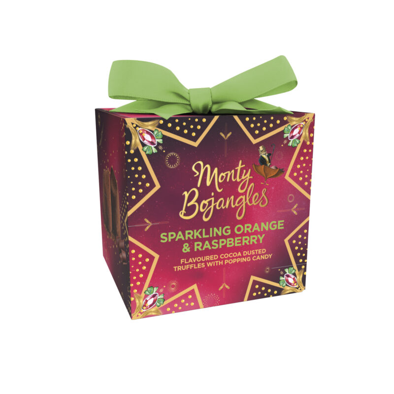 Festively enchanting present gift box of sparkling orange & raspberry flavoured cocoa truffles with popping candy
