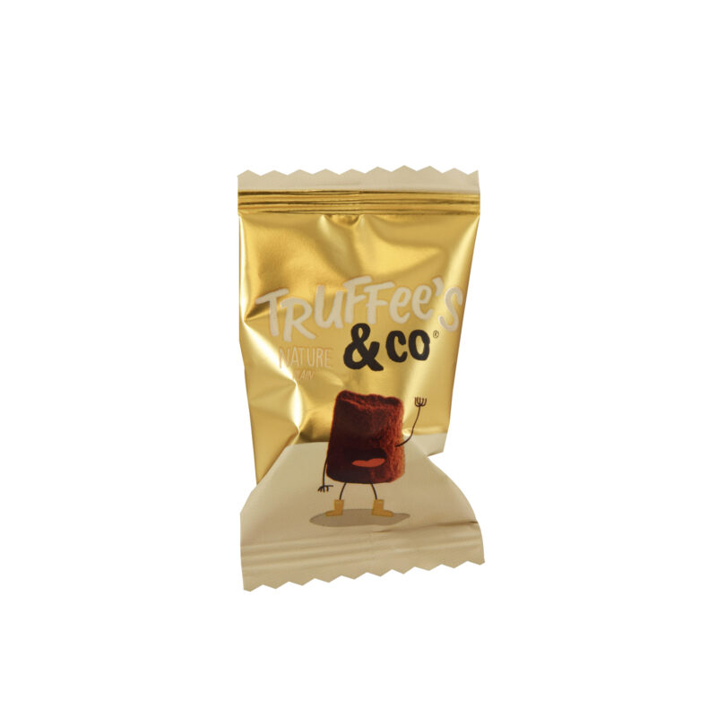 Plain - cocoa dusted French truffles in gold flow wrap. approx 400pcs