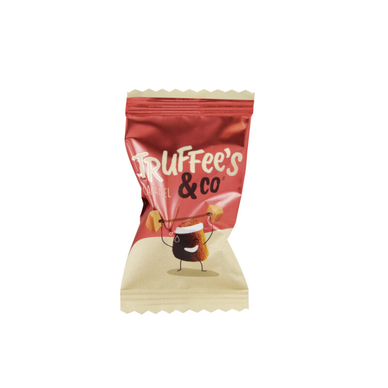 Salted butter caramel - cocoa dusted flavoured French truffles in red flow wrap. approx 400pcs