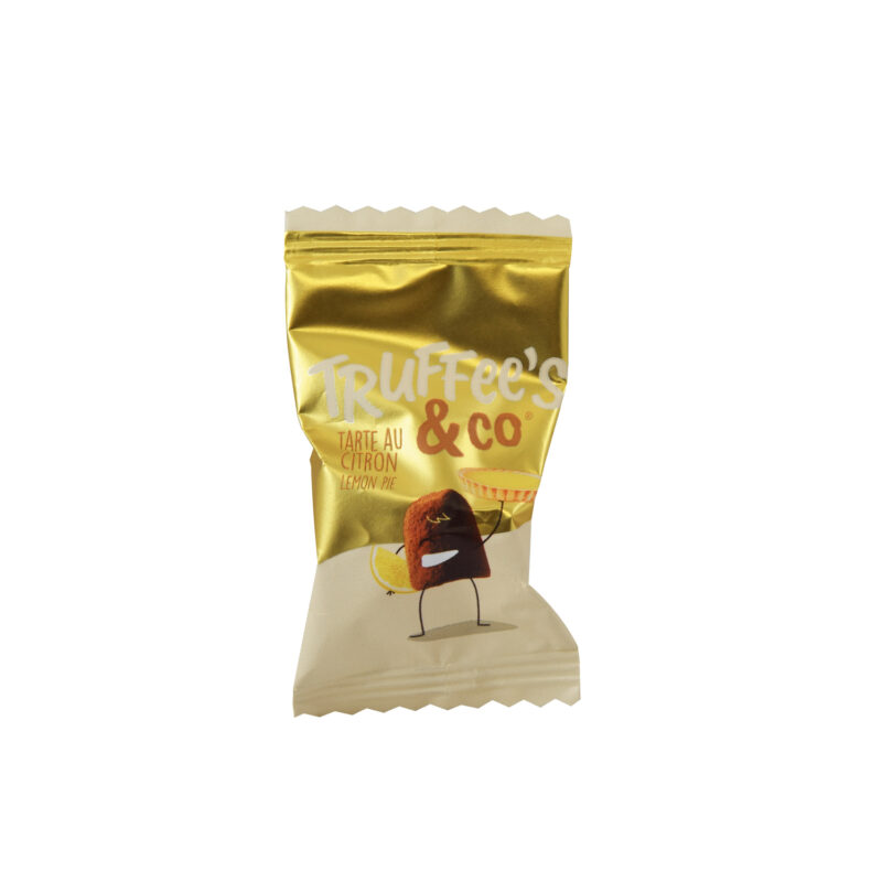 Lemon pie - cocoa dusted flavoured French truffles in yellow flow wrap. approx 400pcs