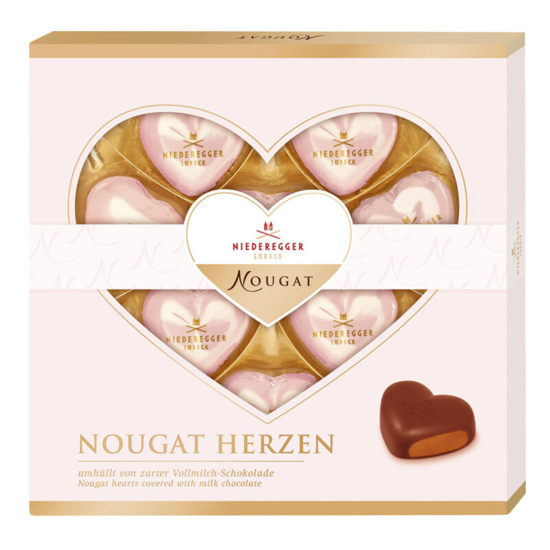 Foiled milk chocolate praline hearts in gift box
