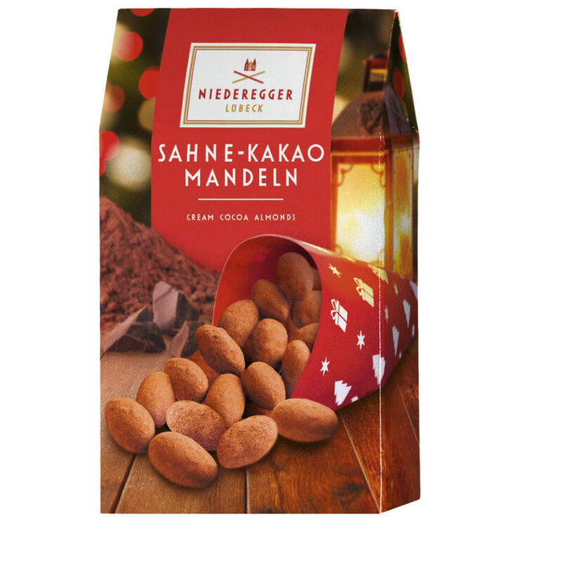 Cream cocoa dusted almonds in red gift carton