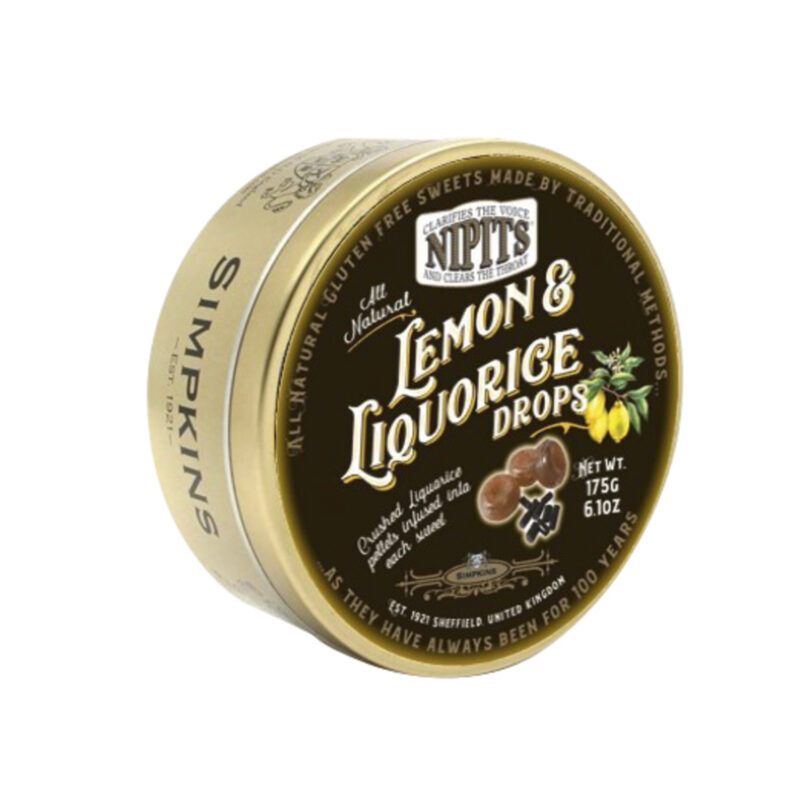 Gold tin of lemon & liquorice flavour Nipit travel sweets