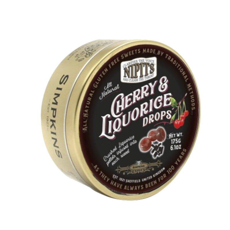 Gold tin of cherry & liquorice flavour Nipit travel sweets