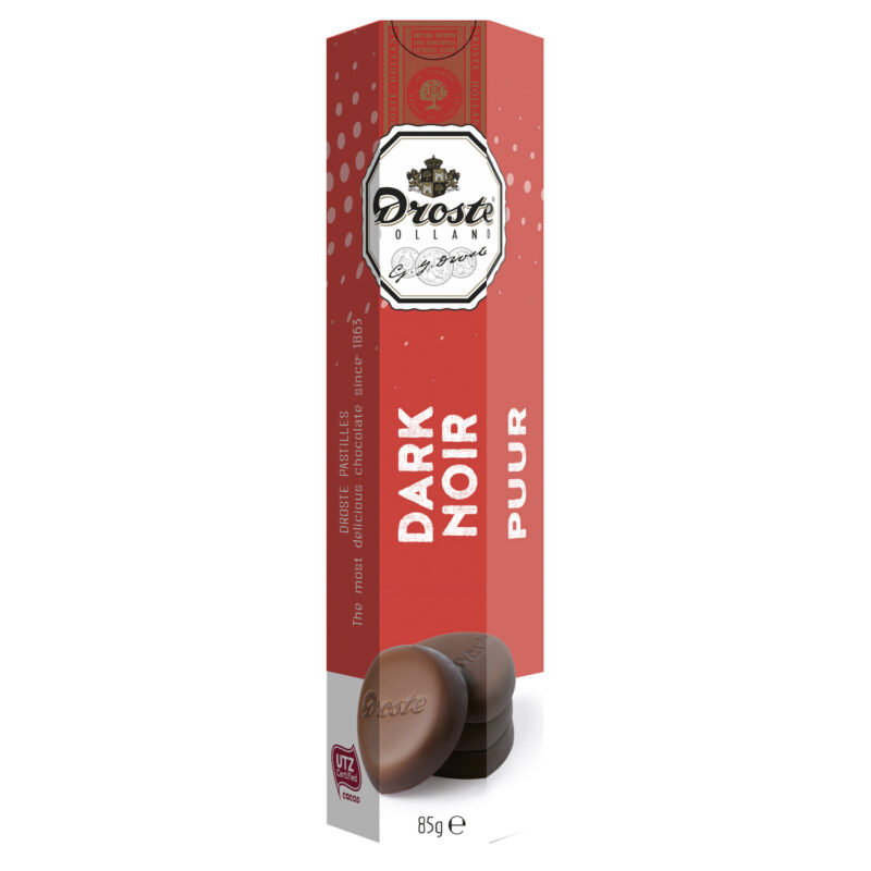 Dark chocolate pastilles in tube