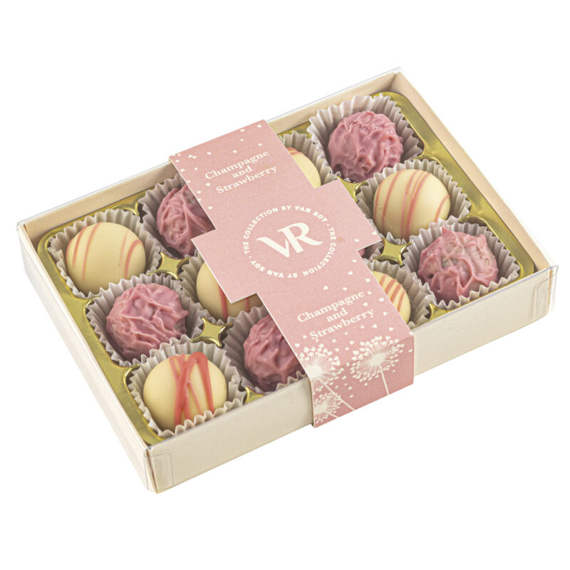 The Champagne and Strawberry Collection of truffles in 12pc cream gift box