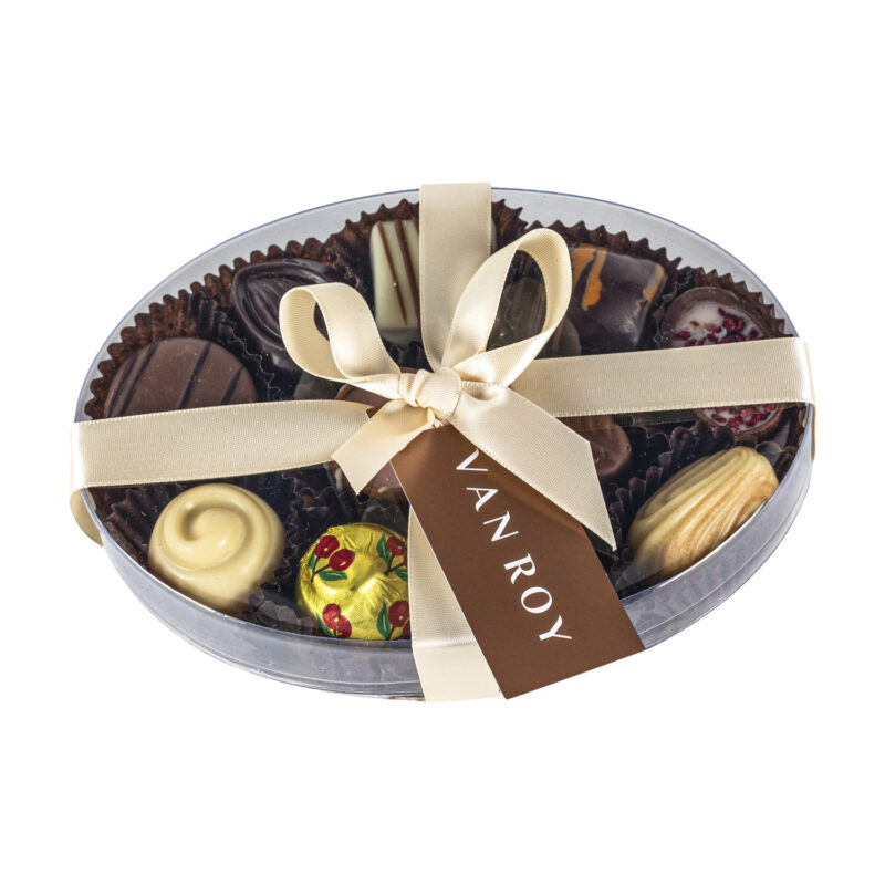 Assorted Belgian chocolates in 15cm cello oval with ribbon