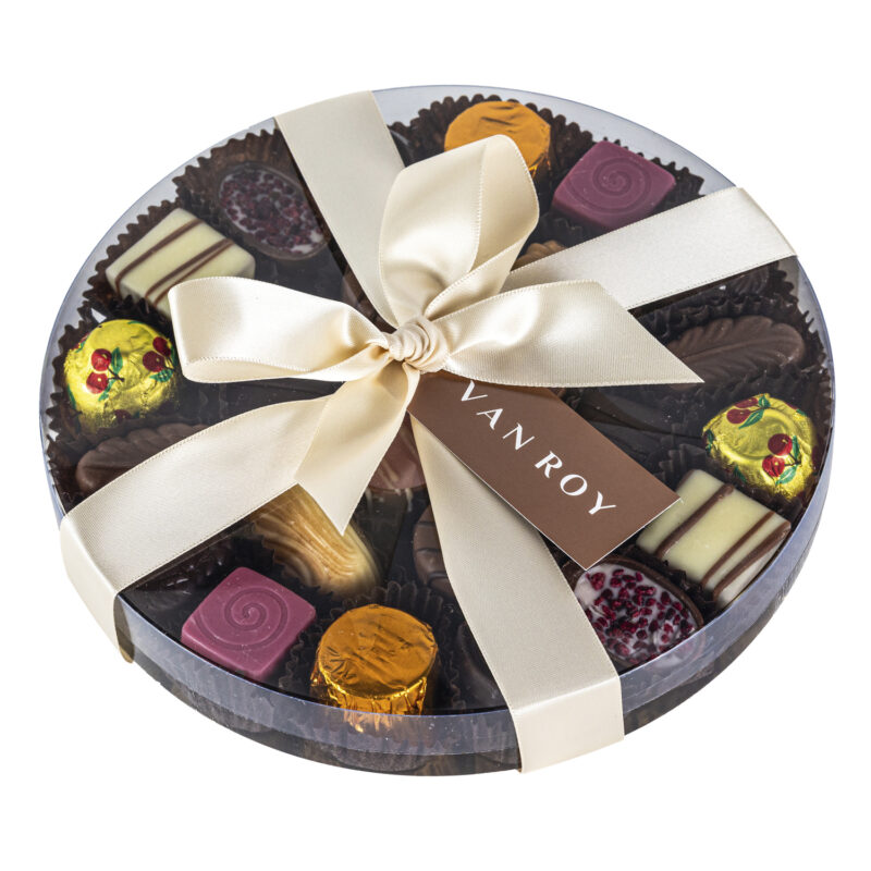 Assorted Belgian chocolates in 18cm cello round with ribbon