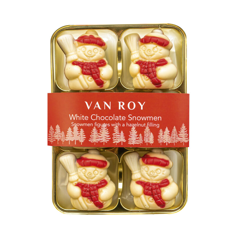White chocolate snowmen figures with hazelnut filling in cello pack