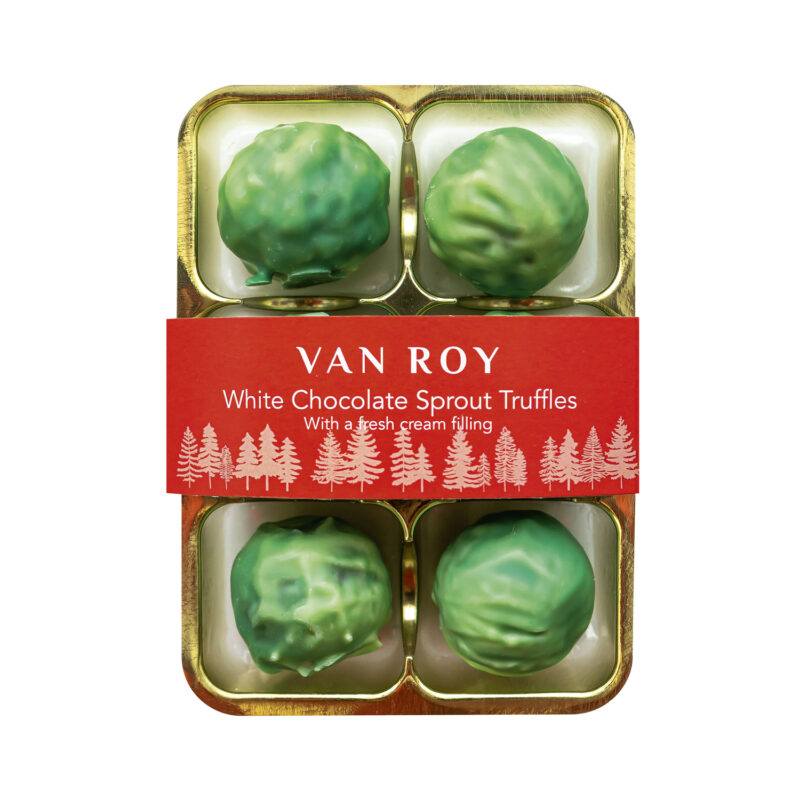 White chocolate green sprouts with white chocolate and fresh cream centre in cello pack