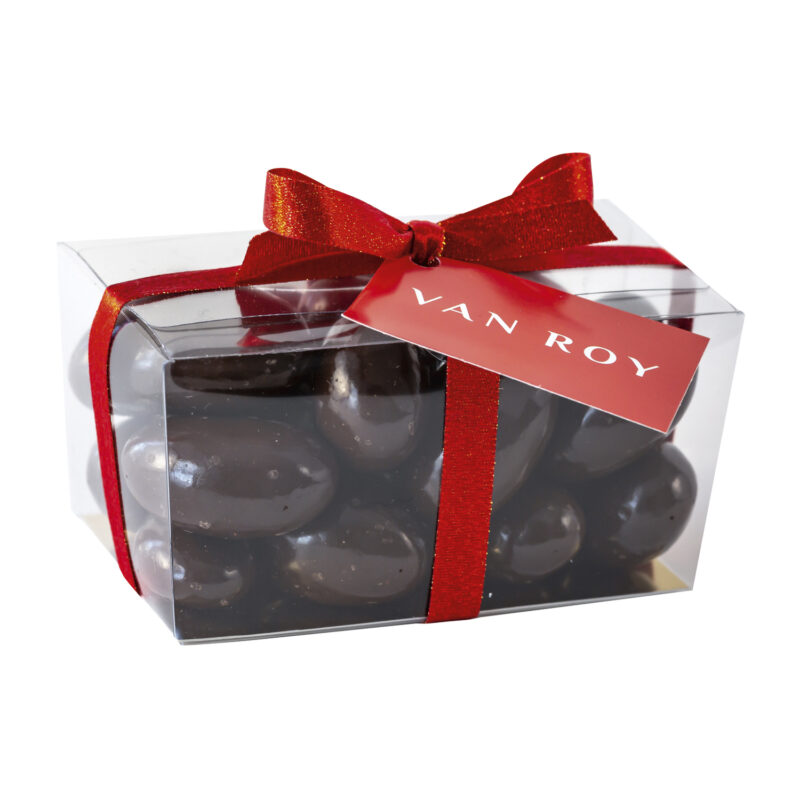 Dark chocolate Brazil nuts in cello ballotin with ribbon