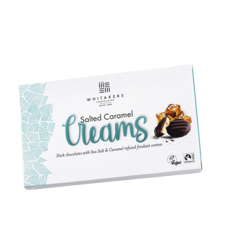 Whitakers dark chocolate covered salted caramel fondant creams in carton