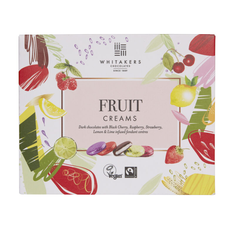 Whitakers foiled dark chocolate fruit creams in carton - black cherry, raspberry, strawberry, lemon & lime