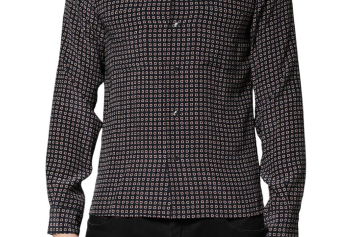 Black Patterned Silk Men Button Down Shirt