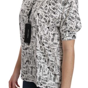 White Musical Instrument Collared Blouse  Shirt