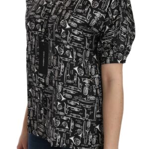 Black Musical Instrument Collared Blouse Shirt