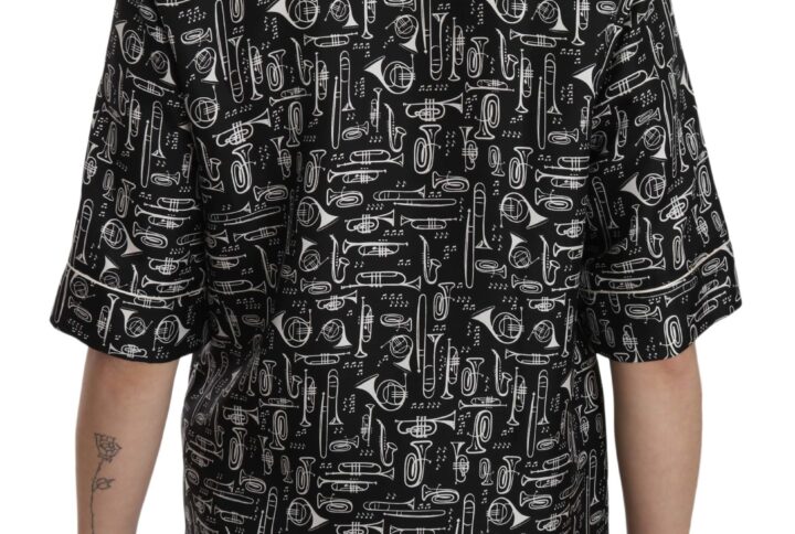 Black Musical Instrument Print Silk  Top - Jag Couture London