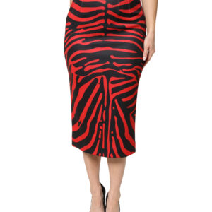 Red Black Zebra Print Polyester Pencil Midi Skirt