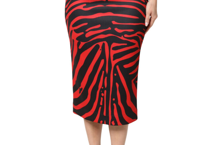 Red Black Zebra Print Polyester Pencil Midi Skirt