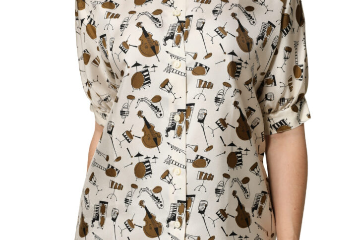 Beige Musical Instrument Print Short Sleeve Top