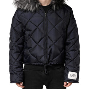 Black Quilted Fur Shearling Hooded Jacket