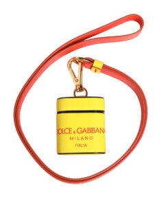 Yellow Calf Leather Logo Flip Holder Strap Airpods Case