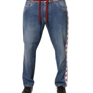 Blue Cotton Drawstring Straight Denim Jeans