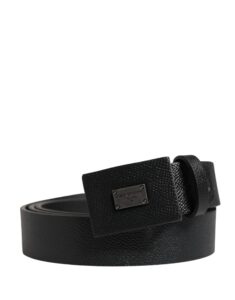 Men Black Calfskin Leather Square Buckle Belt