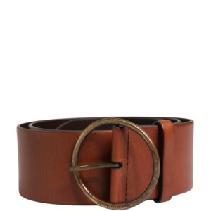 Men Brown Leather Wide Waist Metal Round Buckle Belt