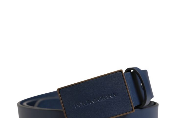 Men Blue Calf Leather Logo Metal Buckle Belt