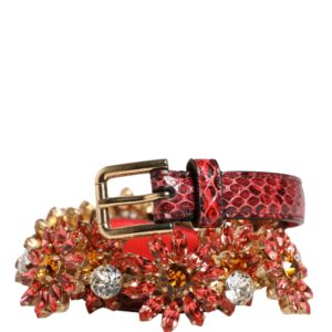 Red Leather Daisy Crystal Embellished Waist Belt