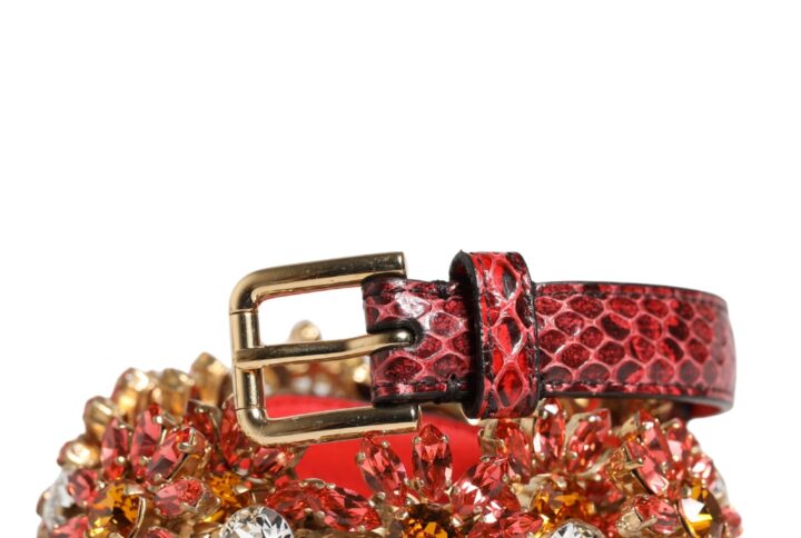 Red Leather Daisy Crystal Embellished Waist Belt