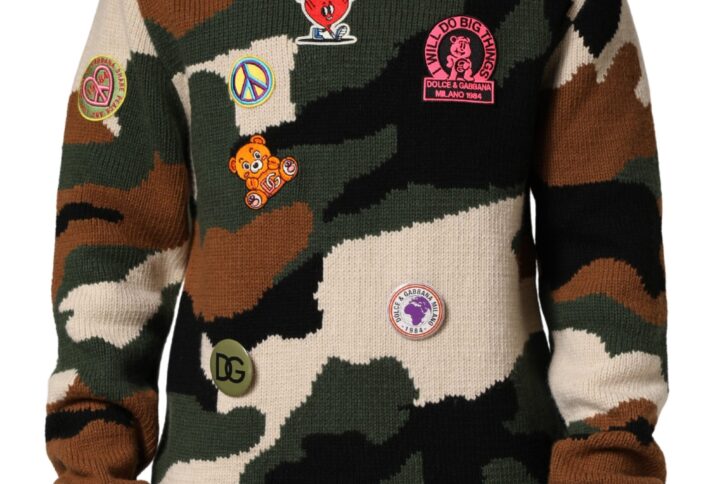 Multicolor Intarsia-Knit Camouflage Pullover Sweater