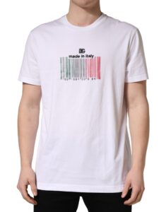 White Barcode Cotton Crew Neck Men T-shirt