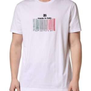White Barcode Cotton Crew Neck Men T-shirt