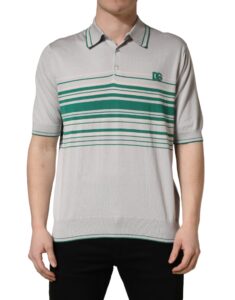 Gray Green Striped Logo Silk Polo T-shirt