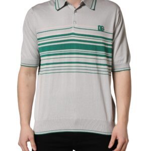 Gray Green Striped Logo Silk Polo T-shirt