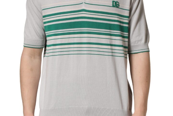 Gray Green Striped Logo Silk Polo T-shirt