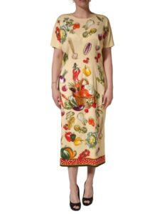 Beige Fruit PolkaDot Sheath Silk Midi Dress