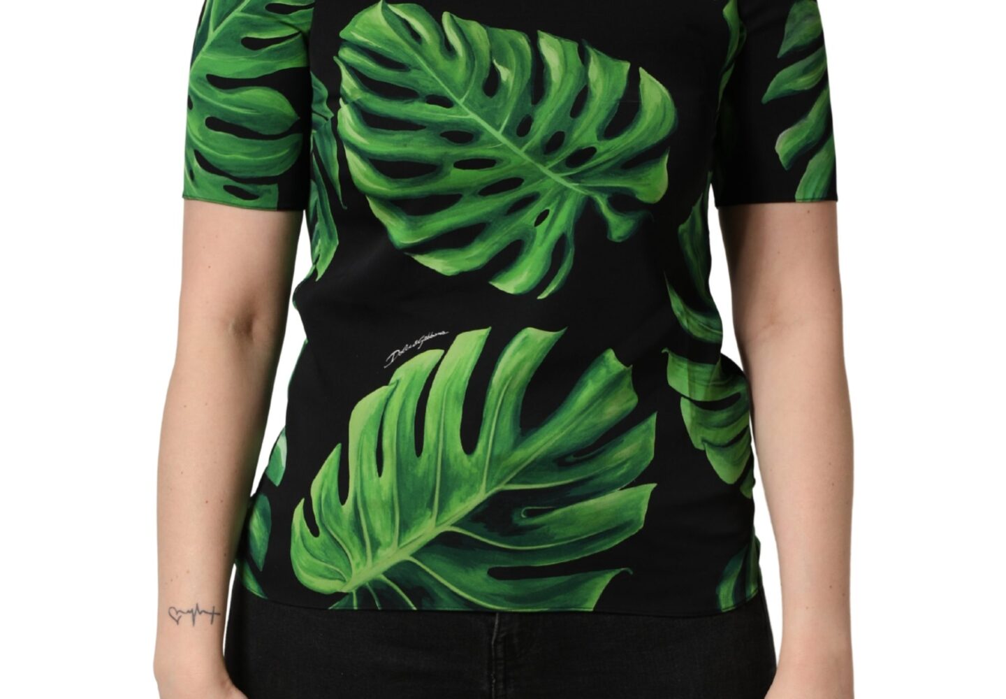 Black Philodendron Print Silk Blouse Top
